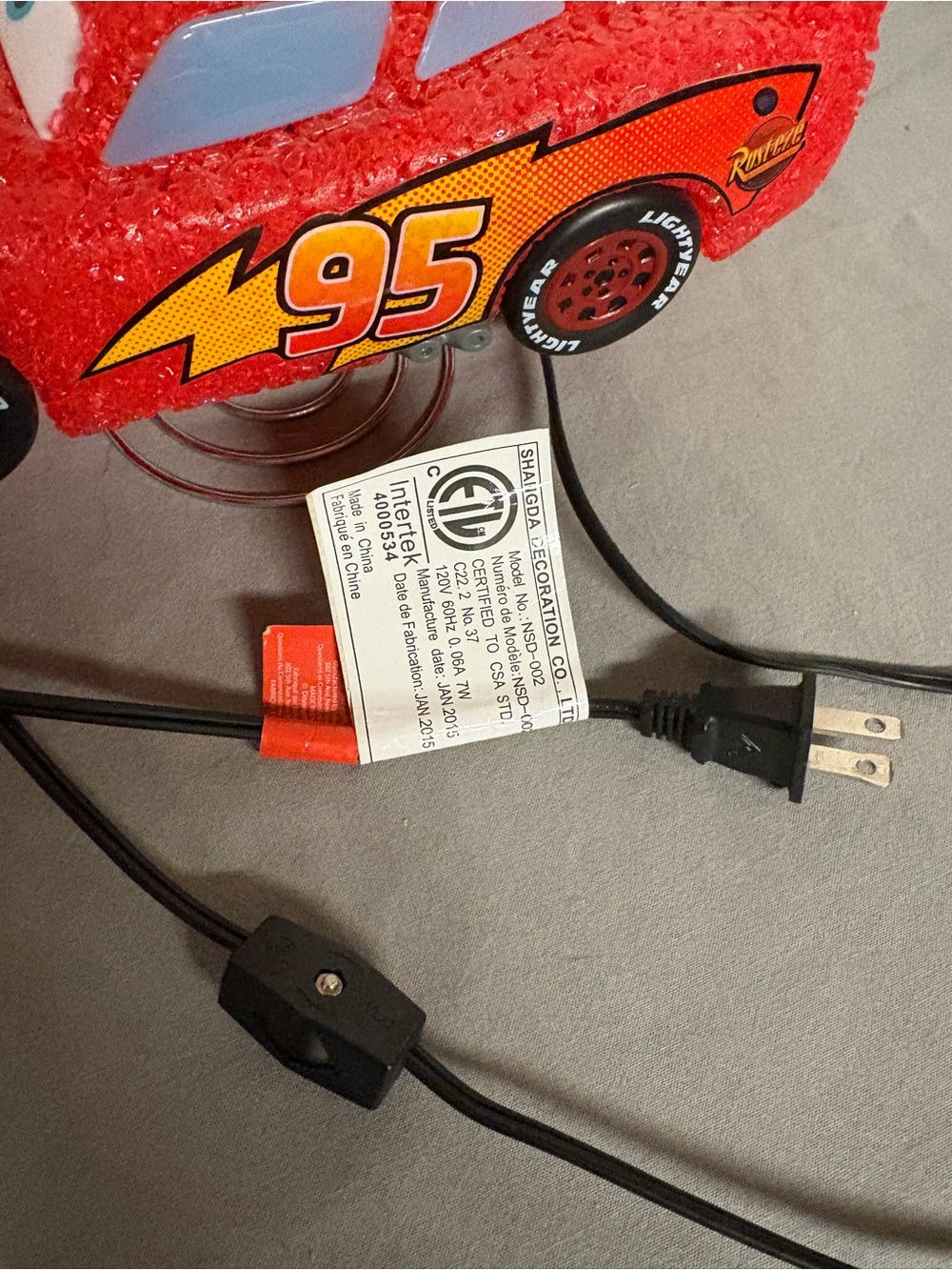 Disney Cars Lightning McQueen 95 Red Kids Lamp Nightlight - Picture 6 of 8